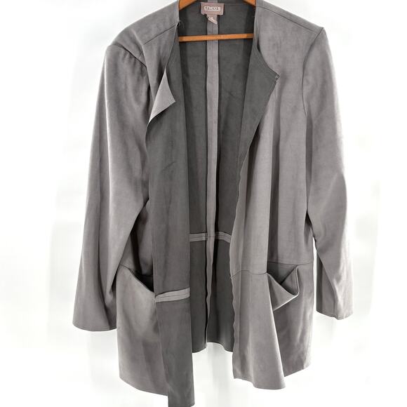 Chicos Faux Suede Jacket 3 XL Gray Open Front Blazer Academia Capsule Career - Picture 1 of 6